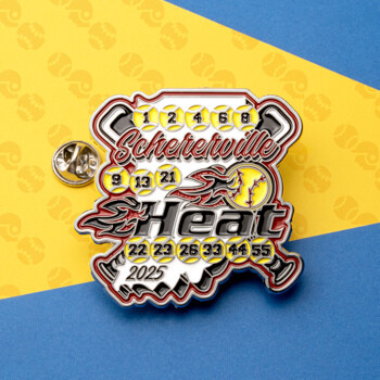 Softball themed lapel pin for Schererville Heat 2025 featuring crossed bats, flaming softballs, and player numbers.