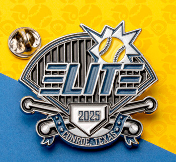 Soft enamel lapel pin featuring the word Elite over a baseball diamond with crossed bats, a home plate marked 2025, and a Conroe Texas banner.