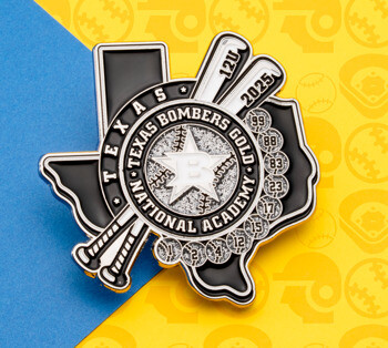 Soft enamel lapel pin in the shape of Texas featuring the Texas Bombers Gold National Academy logo, crossed baseball bats, and glitter accents.