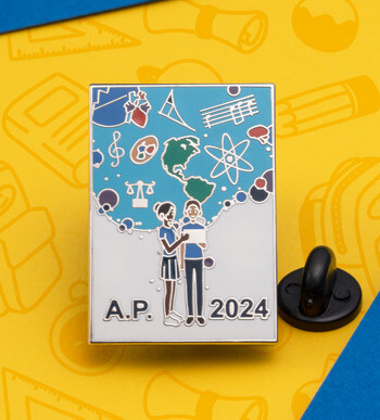 Rectangular lapel pin featuring two people, global academic icons, and the text A.P. 2024.