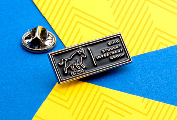 Rectangular black and silver lapel pin for S.I.G Student Investment Group featuring a bull emblem and Est 2013 text.