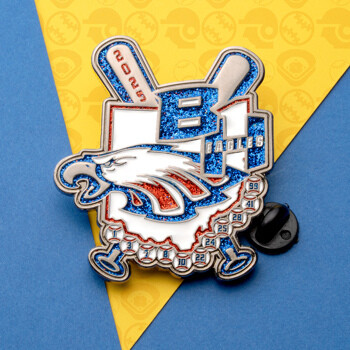 Custom baseball lapel pin featuring a glittery blue BH logo, an eagle head, crossed bats, and the year 2025.