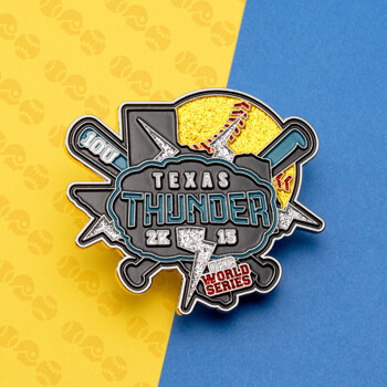 Softball trading lapel pin featuring Texas Thunder 2K15 OKC World Series with bats, glitter lightning bolts, and a yellow softball background.