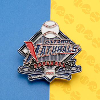 Enamel lapel pin for Ontario Naturals Baseball 2025 featuring a baseball, red lightning bolt, and crossed bats on a blue and yellow background.